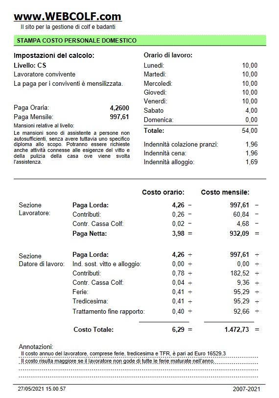 Calcolo online costo colf e badanti